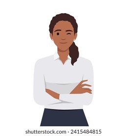 Confident and beautiful young woman in smart casual wear keeping arms crossed and smiling. Portrait of a young smiling woman. Woman folded hands.Flat vector illustration isolated on white background