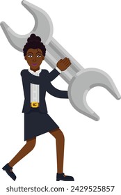 A confident black business woman with a giant spanner conceptual illustration