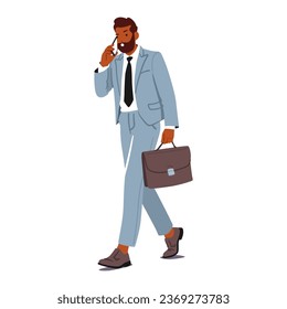 Confident Black Businessman Character Engages In Phone Conversation Showcasing Professionalism And Determination While Speaking with Business Partners by Smartphone. Cartoon People Vector Illustration