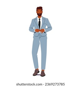 Confident Black Businessman Character Stands Tall In A Sharp Formal Suit, Exuding Professionalism And Leadership, A Symbol Of Success And Determination. Cartoon People Vector Illustration