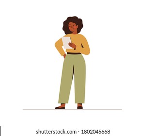 A Confident Black Businesswoman Is Holding A Tablet Pc. Young Dark Skin Female Clerk Or Office Worker Isolated On White Background. Flat Cartoon Vector Illustration.