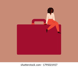 Confident Black Businesswoman Sits On A Large Red Briefcase. Strong African Female Entrepreneur With A Handbag. Vector. Concept Of Participation Of Black Women In Leadership Roles In Business.