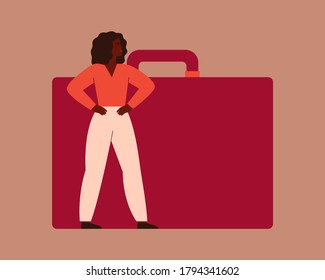 Confident Black Businesswoman Stands Near The Large Red Briefcase. Strong African Female Entrepreneur With A Handbag. Vector. Concept Of Participation Of Black Women In Leadership Roles In Business.