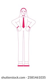 Confident blonde businesswoman in shirt tie 2D outline cartoon character. Female empowerment. Business posture hands on hips isolated person flat vector on white background. Spot illustration colorful