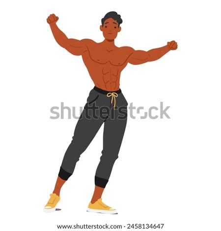 Confident Bodybuilder In A Strong Pose, Showcasing A Well-defined Muscular Build, In Athletic Attire, Exuding Power And Dedication To Fitness. Muscular, Shirtless Black Man Flexing His Arms, Vector