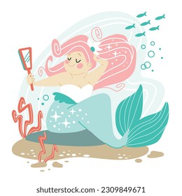 Confident body-positive female mermaid looking in the mirror. Feminism, self-acceptance and freedom. Vector cartoon isolated flat illustration. For print, design, poster, sticker, card, t shirt design