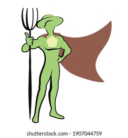 confident brave superhero holding pitchfork with cloak in hat