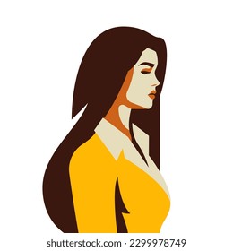 Confident brunette woman with long hair pastel paint color pop art avatar vector flat illustration