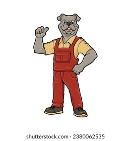Confident Bulldog Mechanic Cartoon Character in Red Jumpsuit