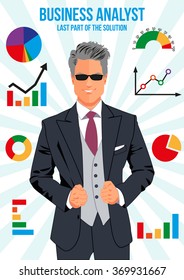 Confident business analyst surrounded with different charts. Bar chart. Pie chart. Line chart. Bench chart. Doughnut chart. Combo chart. Half gauge.