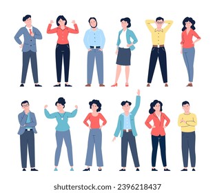 Confident business characters. Office team, isolated people in suits and casual clothes. Narcissistic male and female, leaders recent vector set