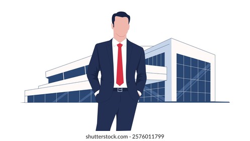 Confident business executive in a formal suit standing in front of a corporate building, embodying professionalism and leadership in the corporate world