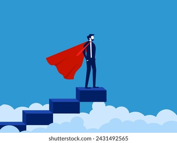 Confident business hero standing on top of stairs. Vector 