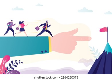 Confident business leader or businessman leads team to success. Big hand points right direction. Business development, successful enterprise. Mentor helps students or beginners. Vector illustration