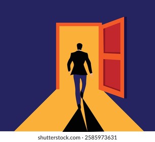 Confident Business Man Entering a Lit Door. Making decisions at work, right of choice and leadership concept vector art