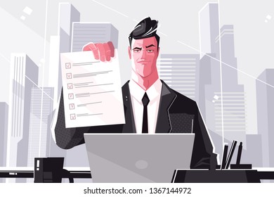 Confident business man filled form. Vector illustration. Male in suit sitting behind personal table flat style design. Corporate accomplishment concept