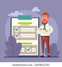 Confident business man with folded arms near big clipboard with checklist. Vector illustration. Document with check marks. Report concept