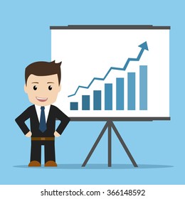 Confident business man with graph, flat modern design, blue background vector illustration.