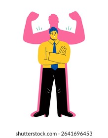 Confident business man with power and strength in spirit. Self-confidence and motivation concept. Flat vector illustration isolated on white background 
