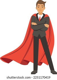 Confident business man in red cape. Office superhero character