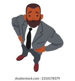 Confident Business Man Standing With Arms Akimbo, Looking Up, A Top View. Professional, Assertive, Determined Male Character Gaze Upwards, Captivated By Something Unseen. Cartoon Vector Illustration