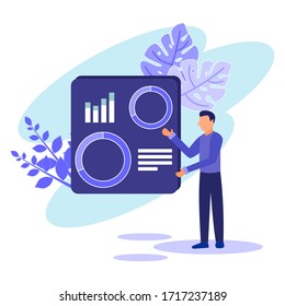 A confident business man stands near a flip chart and points to charts and diagrams. Creative business concept. blue background. Modern vector illustration. Flat design.