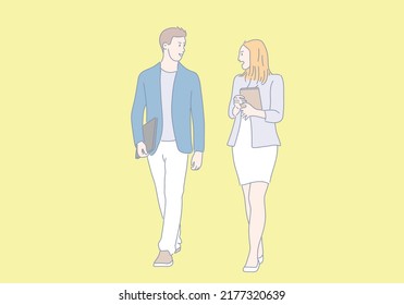 Confident business partners walking  and talking vector cartoon illustrator