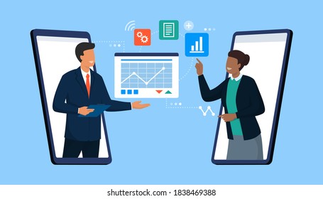 Confident business people connecting together online and sharing files on their smartphones, remote working and video conference concept