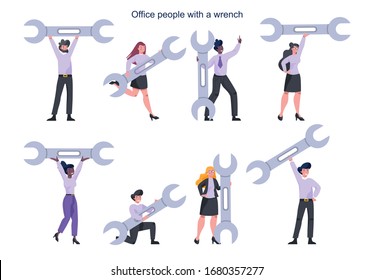 Confident business people holding a huge spanner wrench. Technical support and service concept. Vector illustration in cartoon style