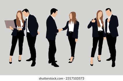 Confident business people meeting together. shaking hands, using laptop, doing business deals. character illustration isolated on white background. - Shutterstock ID 2317103573