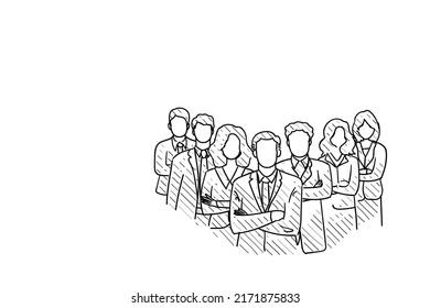 confident business people stand together as a team. hand drawn sketch vector illustration design.