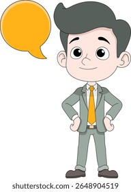A confident business professional standing proudly next to an empty chat bubble template, perfect for adding custom messages, quotes, or branding