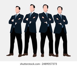 Un equipo de negocios seguro. Un grupo de confiados empresarios están de pie y posando. Vector de empresarios. Ilustración de personaje de negocios masculino aislado sobre fondo blanco.