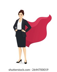 Confident business woman in black suit with arms on hips with superhero red cape. Vector illustration isolated