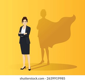 Confident business woman with crossed arms and superhero shadow behind her. Vector illustration on yellow background