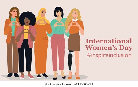 Confident business woman of different ethnicity stand together. Concept of woman, femininity, diversity, independence and equality. Vector illustration.