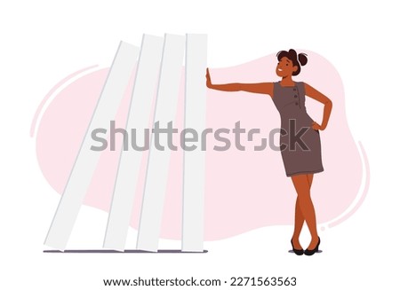 Confident Business Woman Easily Pushing Falling Domnoes Line. Concept of Resilience, Risk Management, Protection, Successful Company Avoiding Dominoes Effect In Crisis. Cartoon Vector Illustration