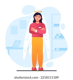 Confident business woman. Girl with halo and angel wings stands and smiles. Psychology and mental health. Successful and talented entrepreneur. Poster or banner. Cartoon flat vector illustration