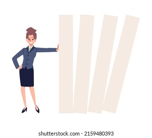 Confident business woman holding on falling dominoes, flat cartoon vector illustration isolated on white background. Financial crisis and business collapse survival.