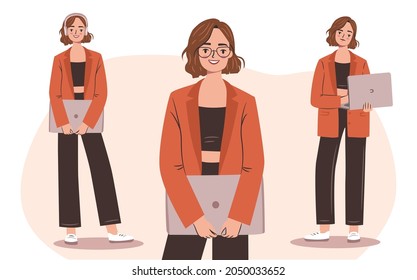 Mujer de negocios segura con juego de laptop. Mujer joven empoderada con un traje y unas gafas elegantes. Ilustración vectorial plana.