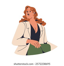 Confident business woman in modern stylish outfit. Young female office worker in elegant trendy style. CEO, employee portrait looking with proud. Flat vector illustration isolated on white background