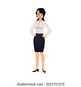 Mujer de negocios o directora de oficina con camisa blanca y falda negra, ilustración vectorial plana aislada en fondo blanco. Caricatura de un ejecutivo.