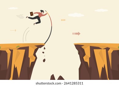Confident business woman pole vault jumping cross over cliff gap. Overcome obstacles to reach business success, challenge for female leader, solution or skill to achieve target concept. flat vector