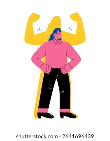 Confident business woman with power and strength in spirit. Self-confidence and motivation concept. Flat vector illustration isolated on white background 
