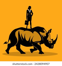 A confident business woman riding a rhino