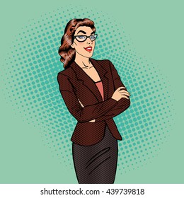 Confident Business Woman. Smiling Female Manager. Pop Art. Vector illustration