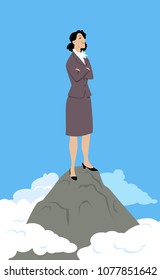 Confident business woman standing alone on top of the mountain, EPS 8 vector illustration