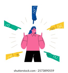 Confident business woman surrounded by hands with index fingers pointing at her. Flat vector illustration isolated on white background