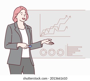 Confident business woman uses interactive screen makes report to a group of meeting, she shows statistics, growth and analysis. Hand drawn in thin line style, vector illustrations.