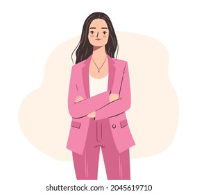 Confident business woman. Young empowered woman in pink stylish suit with hands crossed. Flat vector character illustration.